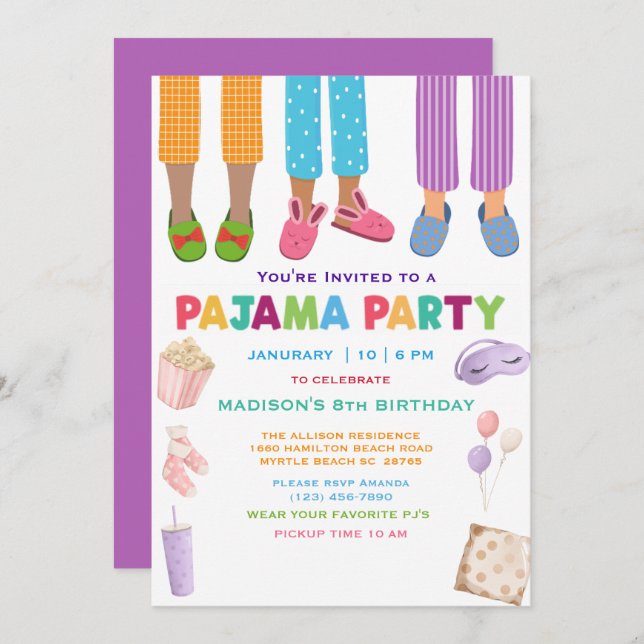 Convite Girls Pajama Birthday Sleepover Party (Frente/Verso)