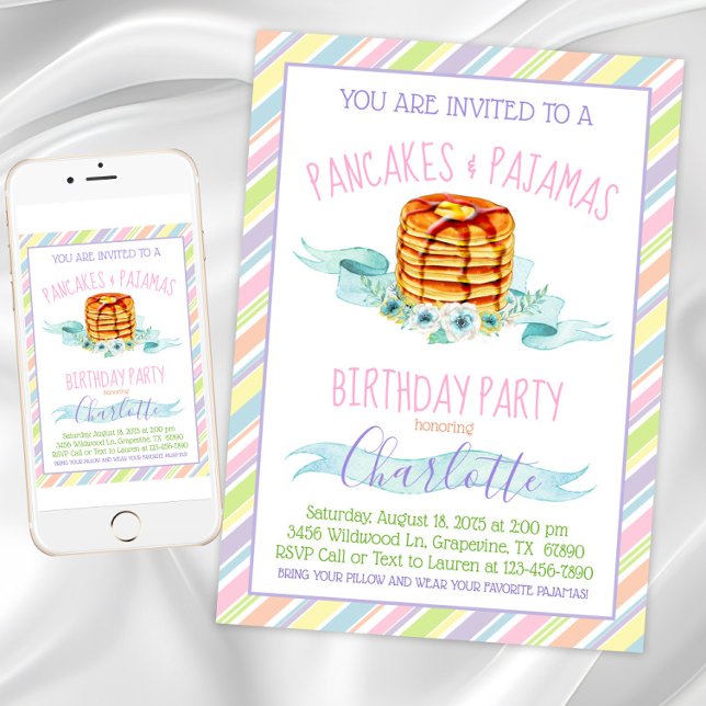 Convite Girls Pancakes Pajama Festa de aniversário (Pancakes and pajamas party invitation. Instant download and printed invitations available.)