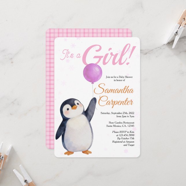 Convite Girl's Penguin Pink Baloon Watercolor Baby Shower (Frente/Verso In Situ)