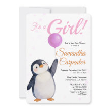 Girl's Penguin Pink Baloon Watercolor Baby Shower