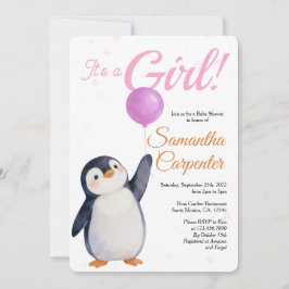 Convite Girl's Penguin Pink Baloon Watercolor Baby Shower