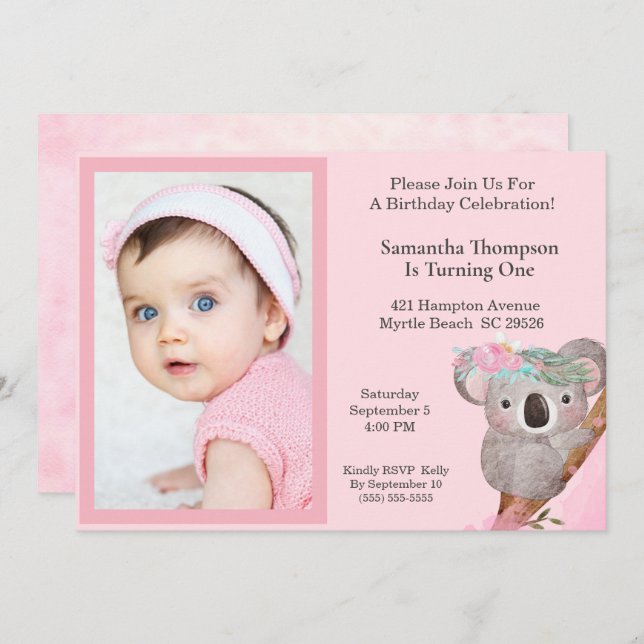 Convite Girls Photo One Year Birthday Koala Bear   (Frente/Verso)