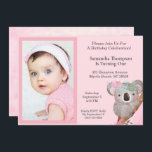 Convite Girls Photo One Year Birthday Koala Bear<br><div class="desc">One year birthday celebration for a girl  with a cute photo of the child.  Easily insert your photo using our template. Design has a cute Koala bear climbing a tree.</div>