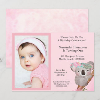 Convite Girls Photo One Year Birthday Koala Bear