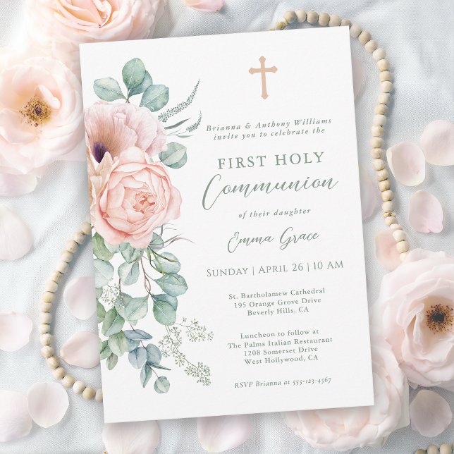 Convite Girl's Pink and Sage Green Floral First Communion (Available in both printed and instant download digital formats.)