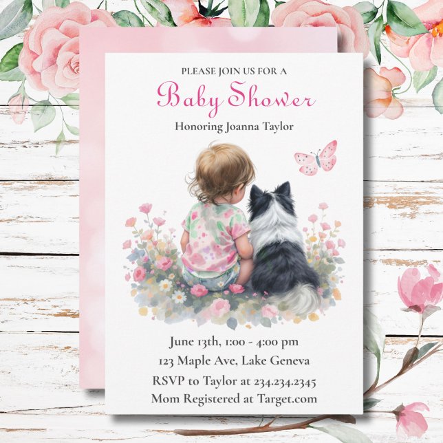 Convite Girl's Pink Baby Shower Dog Themed (Criador carregado)