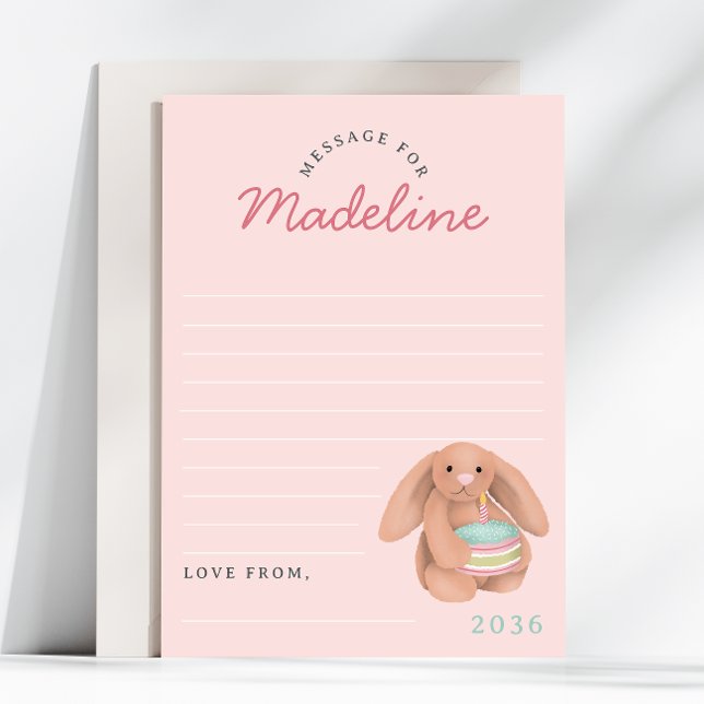 Convite Girls Pink Bunny First Birthday Time Capsule Cards (Criador carregado)
