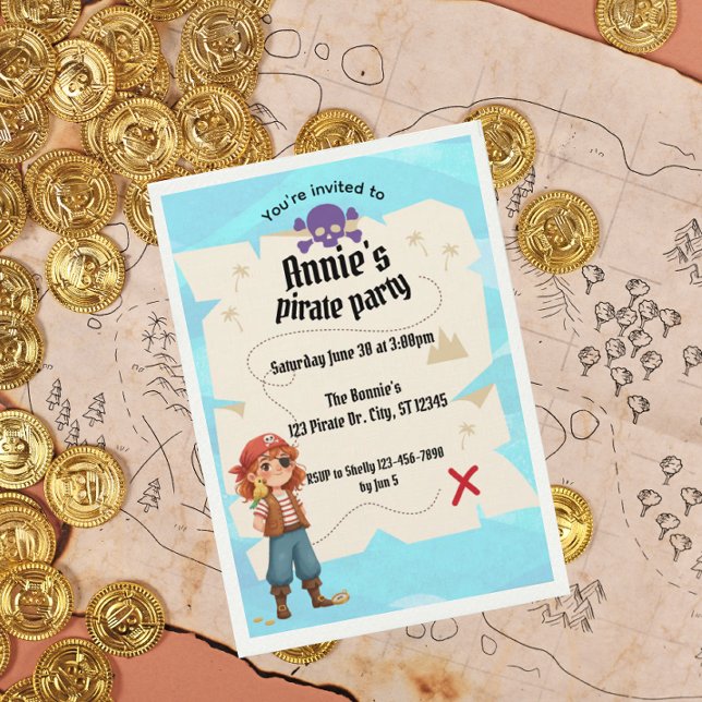 Convite Girls Pirate Map Birthday Party Invitation (Criador carregado)