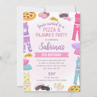Convite Girls Pizza & Pajama Party Invite - Sleepover Fun