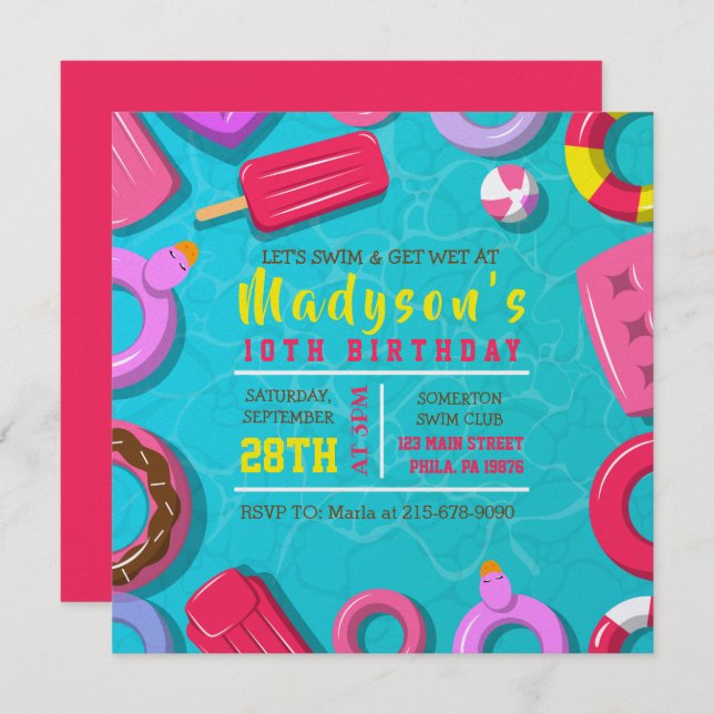 Convite GIRLS POOL SWIM FLOATS Birthday Party Invitation (Frente/Verso)