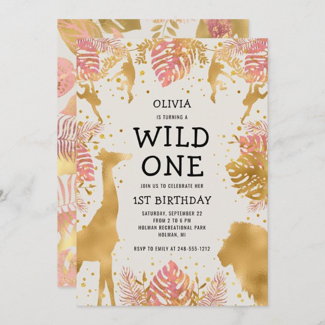 Convite Girls primeiro aniversario Pink Ecru Safari (Frente/Verso)
