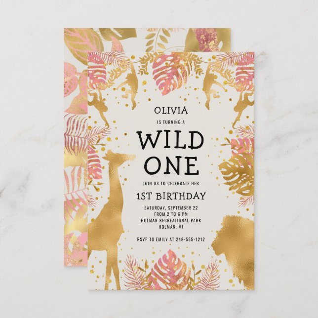 Convite Girls primeiro aniversario Pink Ecru Safari (Frente/Verso)