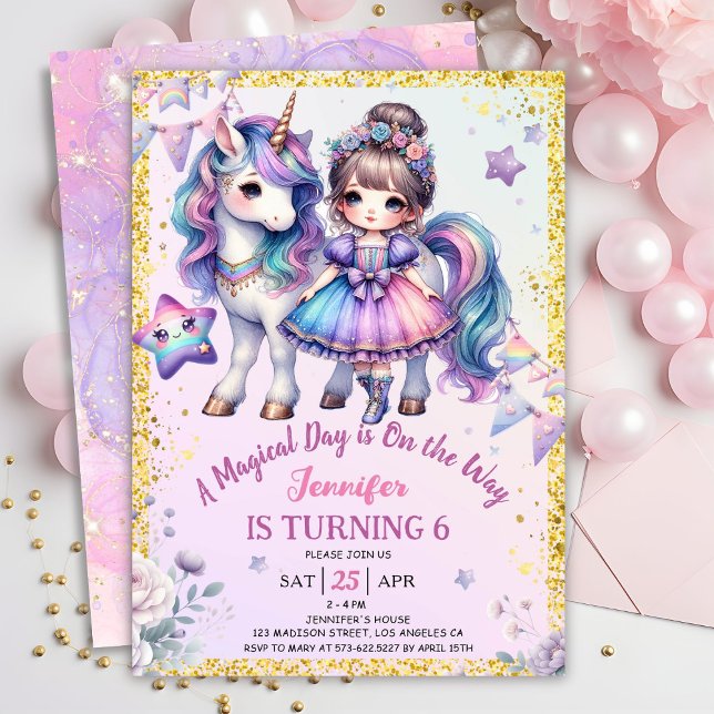 Convite Girls Princess Unicorn 6 Birthday Roxo Dourado (Criador carregado)