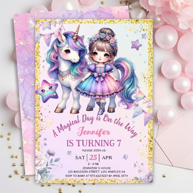 Convite Girls Princess Unicorn 7 Birthday Roxo Dourado (Criador carregado)