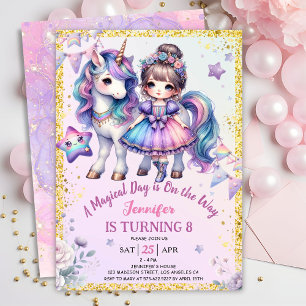 Convite Girls Princess Unicorn 8º aniversário Roxo Dourado