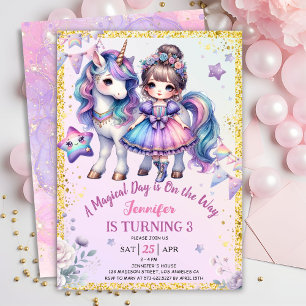 Convite Girls Princess Unicorn aniversário de 3 anos Purpl