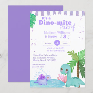 Convite Girls Purple Dinosaur aniversário de 3 anos