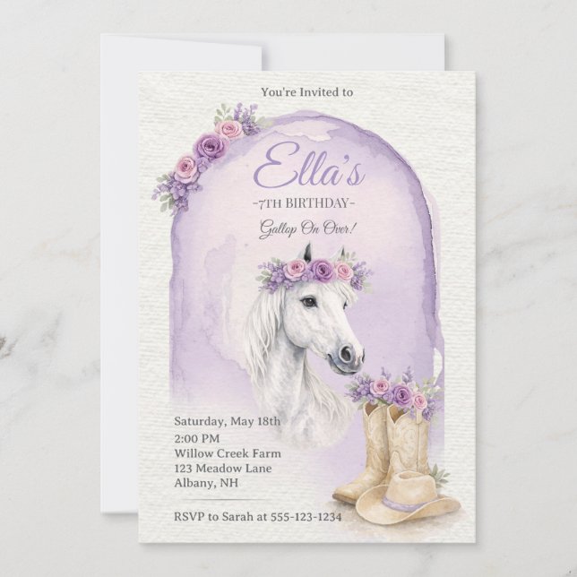 Convite Girls Purple Floral Horse Birthday Invitation (Frente)