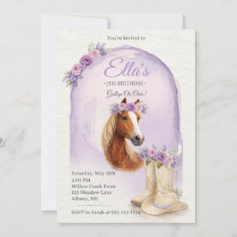 Convite Girls Purple Floral Horse Birthday Invitation