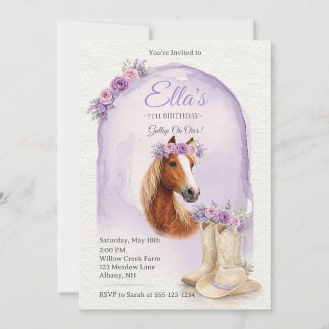 Convite Girls Purple Floral Horse Birthday Invitation (Frente)