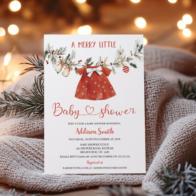 Convite Girls Red Merry Little Baby Shower Baby Shower (Merry Little Baby Shower Invitation Template Girl, Christmas Baby Shower Invitation, Christmas Baby)