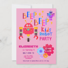 Convite Girls ROBOT PARTITY Pink Birthday Cartoon Cute