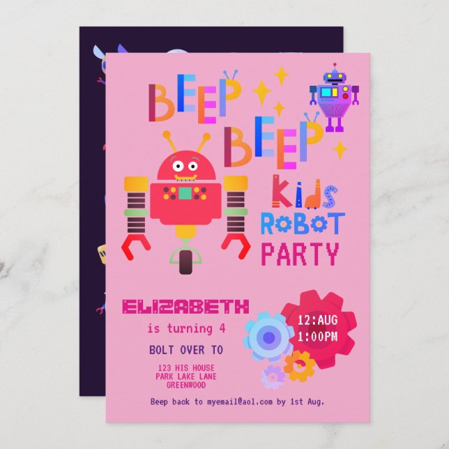 Convite Girls ROBOT PARTITY Pink Birthday Cartoon Cute (Frente/Verso)