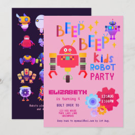 Convite Girls ROBOT PARTITY Pink Birthday Cartoon Cute