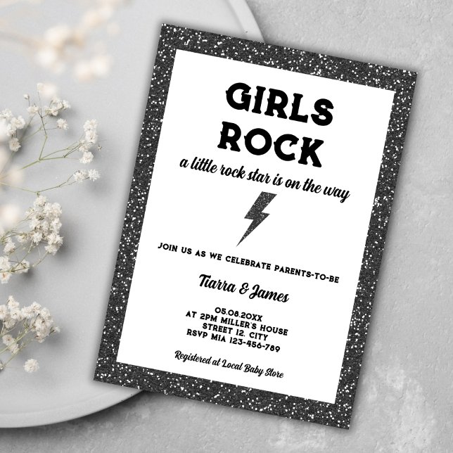 Convite Girls Rock Black Rock And Roll Girl Chá de fraldas (girls rock little rock star rock and roll girl baby shower invitation)