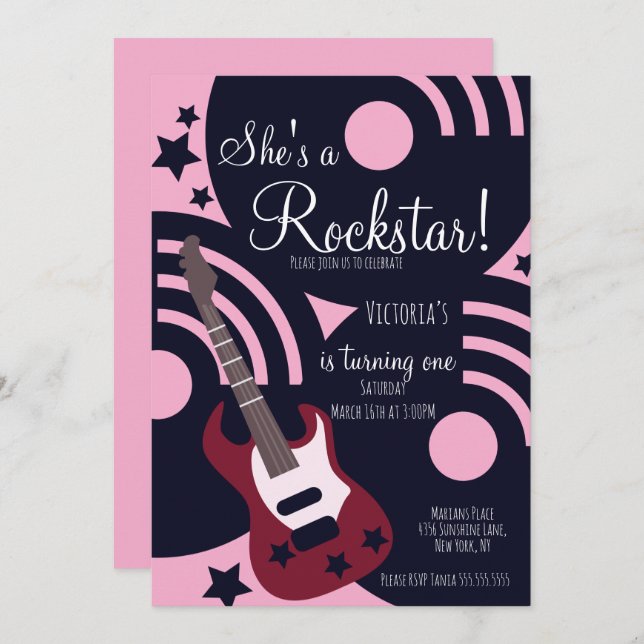 Convite Girls Rockstar Guitar Star Rock Birthday Party  (Frente/Verso)