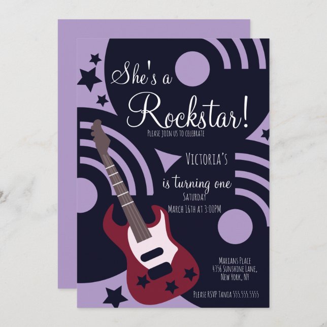 Convite Girls Rockstar Guitar Star Rock Birthday Party  (Frente/Verso)