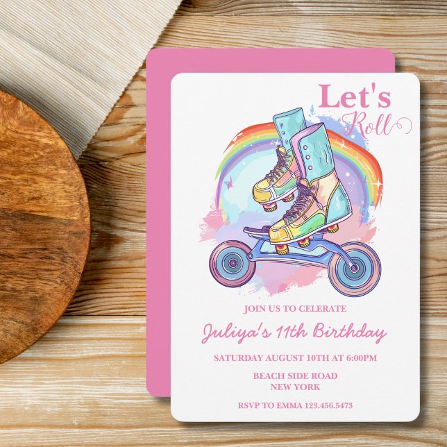 Convite Girls Roller Skating Festa de aniversário rosa (Criador carregado)
