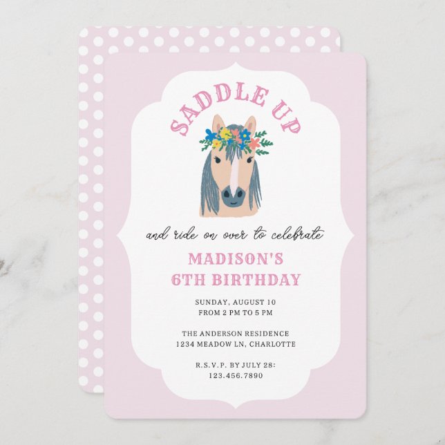 Convite Girls Saddle Up Pink Pony Horse Birthday (Frente/Verso)