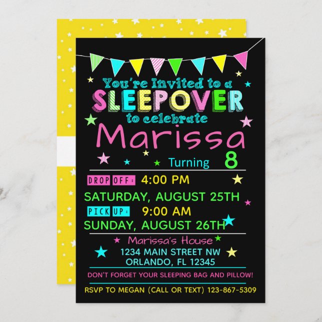 Convite Girls Sleepover Birthday Invitation SlumbParty (Frente/Verso)