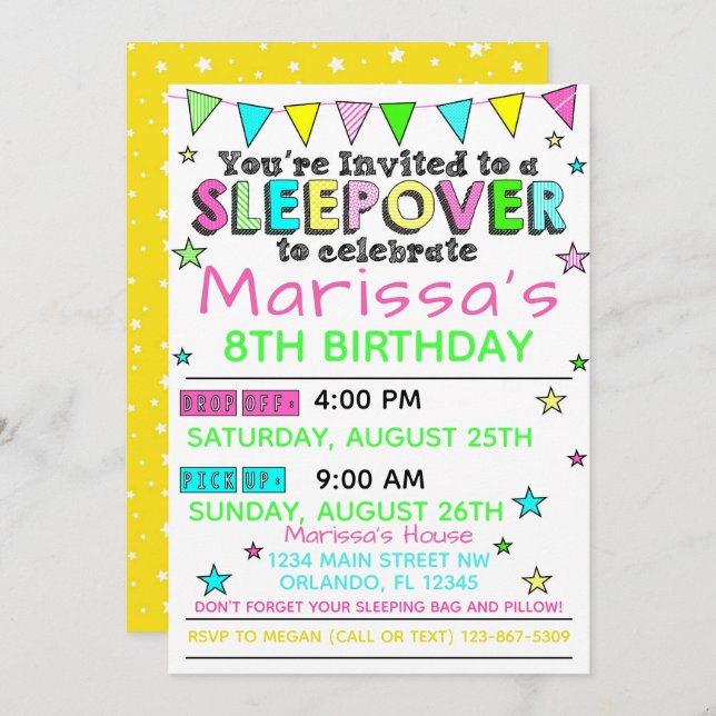 Convite Girls Sleepover Birthday Invitation SlumbParty (Frente/Verso)