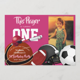 Convite Girls Sports primeiro aniversario Baseball Pink In