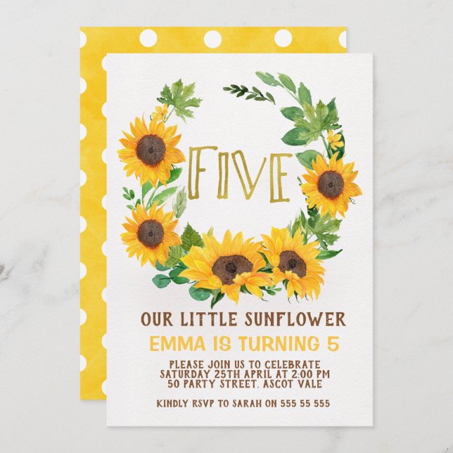 Convite Girls Sunflower Wreath 5 Aniversário (Frente/Verso)