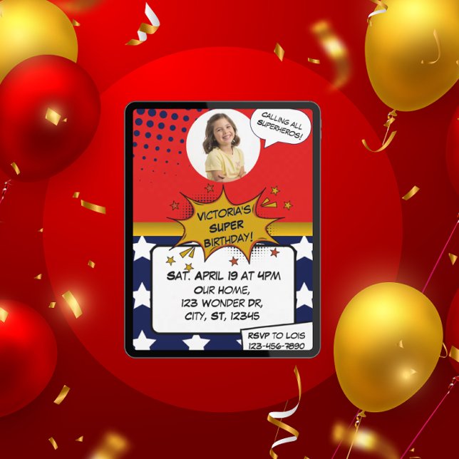 Convite Girls Superhero Red, Blue, Gold & Stars Birthday  (Criador carregado)