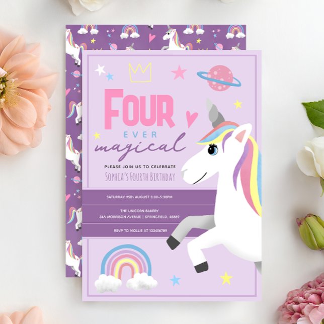 Convite Girls Unicorn Four Ever Magical 4th Birthday (Criador carregado)