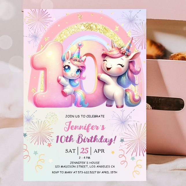 Convite Girls Unicorn Magical Rainbow 10th Festa de aniver (#UnicornBirthdayInvitation #UnicornBirthdayInvitationTemplate #UnicornBirthdayInvitationEditable 
)