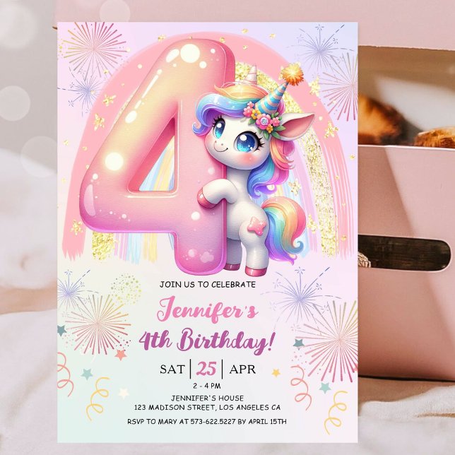Convite Girls Unicorn Magical Rainbow 4º aniversário (
#UnicornBirthdayInvitation #UnicornBirthdayInvitationTemplate #UnicornBirthdayInvitationEditable )