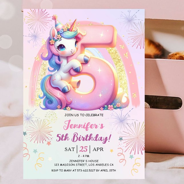 Convite Girls Unicorn Magical Rainbow 5 Festa de aniversár (#UnicornBirthdayInvitation #UnicornBirthdayInvitationTemplate #UnicornBirthdayInvitationEditable)