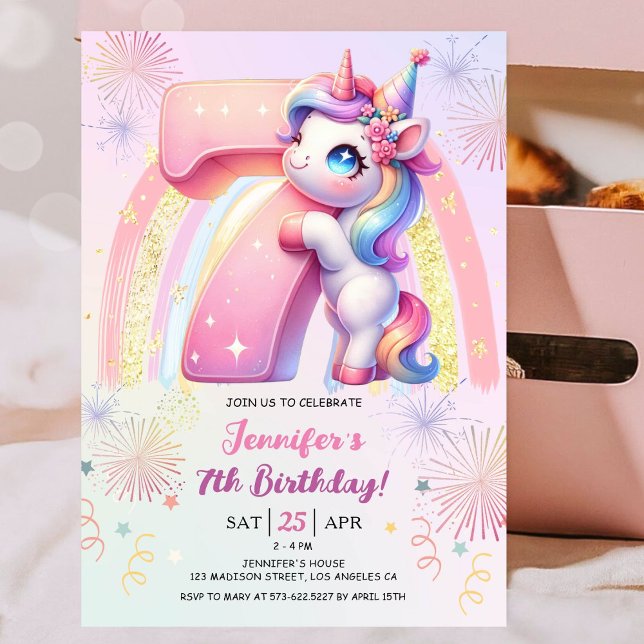 Convite Girls Unicorn Magical Rainbow 7 Festa de aniversár (#UnicornBirthdayInvitation #UnicornBirthdayInvitationTemplate #UnicornBirthdayInvitationEditable )