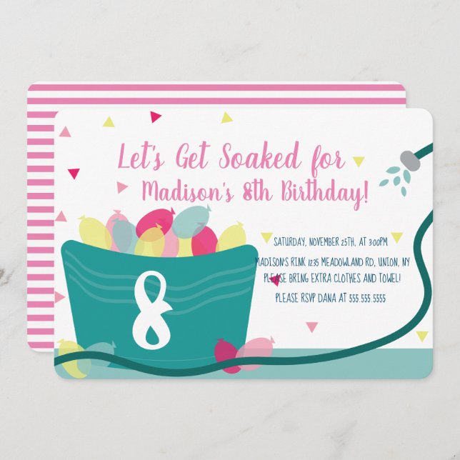 Convite Girls Water Balloon Lutam Rosa De Aniversário (Frente/Verso)