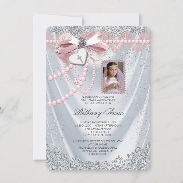 Convite Girls White Satin Foto Primeira Comunhão (Frente)