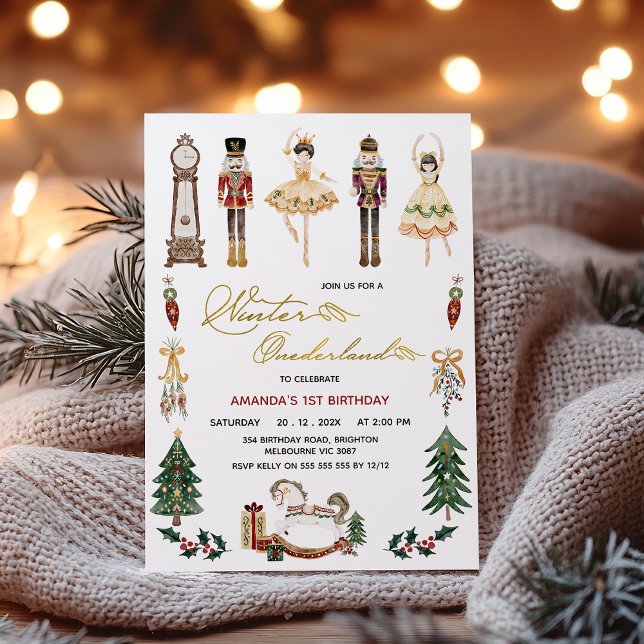 Convite Girls Winter Onederland Nutcracker primeiro aniver (Nutcracker Winter Onederland 1st Birthday Invitation, Winter Onederland Nutcracker Ballet Birthday )