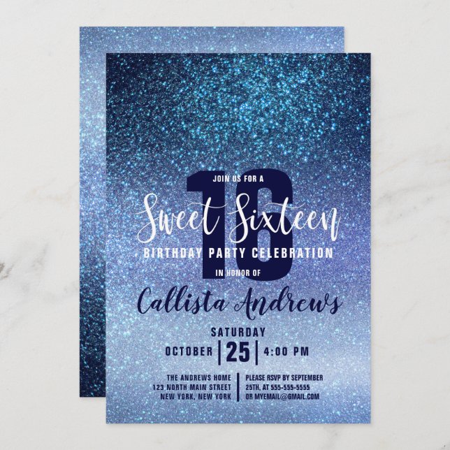 Convite Girly Aqua Baby Blue Triple Glitter Ombre Sweet 16 (Frente/Verso)