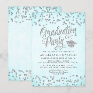 Convite Girly Aqua Blue Silver Festa de formatura