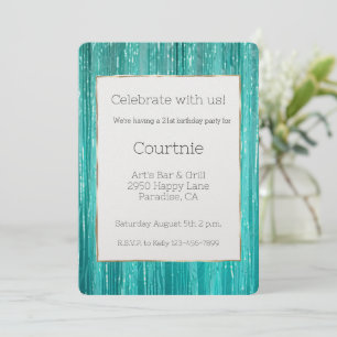 Convite Girly Aqua Mint Tinsel Stripes Dourado aniversário