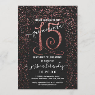 Convite Girly Black Rosa Dourado Confetti Border Quinceañe